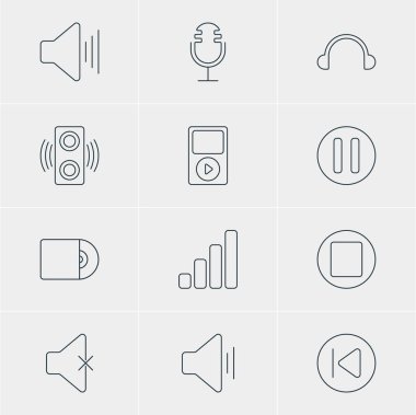 12 müzik simgeler vektör Illustration. Gecikme, amplifikatör, Mp3 ve diğer öğeleri düzenlenebilir paketi.