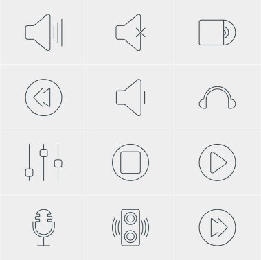 12 melodi simgeler vektör Illustration. Kompakt Disk, gelişmiş, Duraklat ve diğer öğeleri düzenlenebilir paketi.