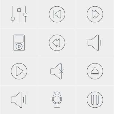 12 melodi simgeler vektör Illustration. Başlat, ses, Mp3 ve diğer öğeleri düzenlenebilir paketi.