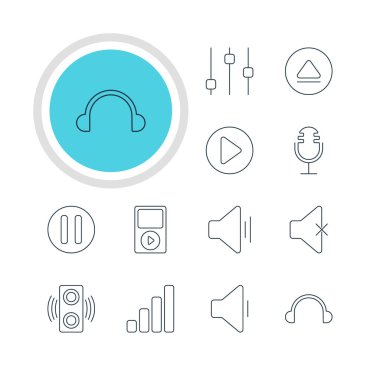 12 melodi simgeler vektör Illustration. Amplifikatör, gecikme, geri sarma ve diğer öğeleri düzenlenebilir sürüsü.