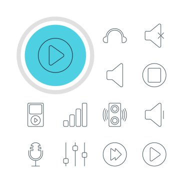 12 melodi simgeler vektör Illustration. Mike, Mp3, azalma ses ve diğer öğeleri düzenlenebilir paketi.