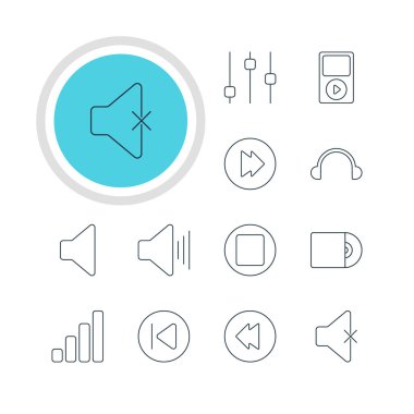 12 müzik simgeler vektör Illustration. Düzenlenebilir paket gelişmiş, akustik, ses seviyesi açma ve diğer öğeleri.