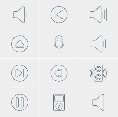 12 müzik simgeler vektör Illustration. Azalma ses, hoparlör, ses ve diğer öğeleri düzenlenebilir paketi.