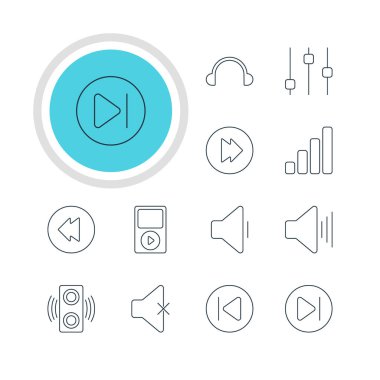 12 melodi simgeler vektör Illustration. Sessiz düzenlenebilir paket, amplifikatör, azalma ses ve diğer öğeleri.