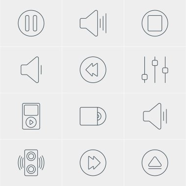 12 müzik simgeler vektör Illustration. Ses, sabitleyici, kompakt Disk ve diğer öğeleri düzenlenebilir paketi.