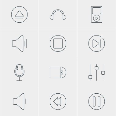 12 melodi simgeler vektör Illustration. Düzenlenebilir Pack Mp3, gecikme, geri sarma ve diğer öğeleri.