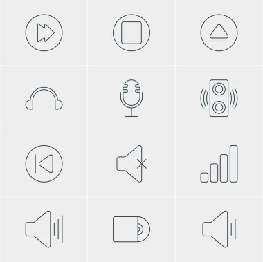 12 melodi simgeler vektör Illustration. Duraklat, amplifikatör, ses ve diğer öğeleri düzenlenebilir paketi.