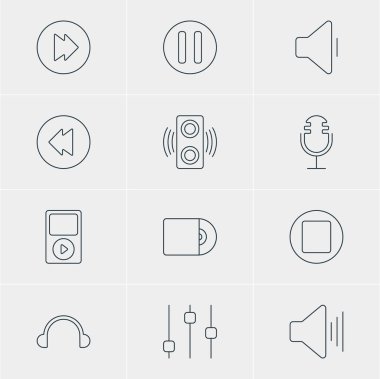 12 müzik simgeler vektör Illustration. Tersine, kompakt Disk ve diğer öğeleri sabitleyici, düzenlenebilir paketi.