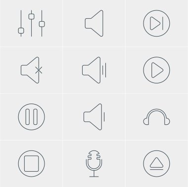 12 melodi simgeler vektör Illustration. Geri sarma, ses, Duraklat ve diğer öğeleri düzenlenebilir paketi.