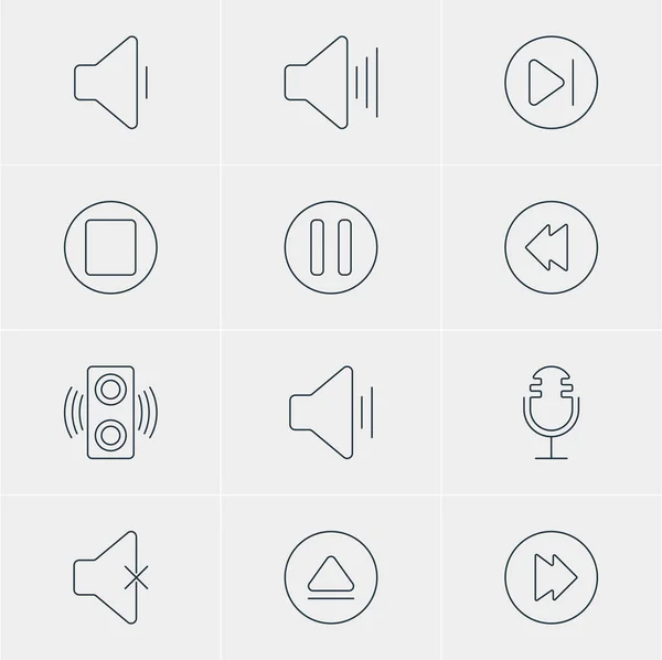 Vektorillustration av 12 melodi ikoner. Redigerbara Pack volym upp, Mike, efterföljande och andra element. — Stock vektor