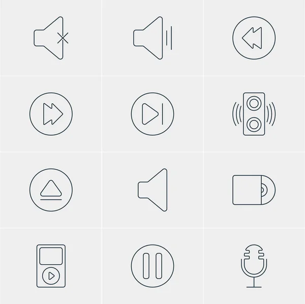 Illustrazione vettoriale di 12 icone melodiche. Pacchetto modificabile di elementi senza suono, successivi, Mp3 e altri . — Vettoriale Stock
