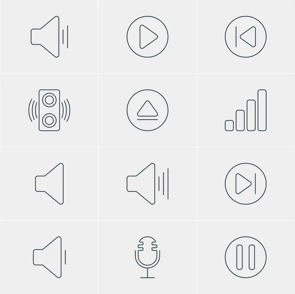 Illustrazione vettoriale di 12 icone musicali. Pacchetto modificabile di diminuire suono, inizio, altoparlante e altri elementi . — Vettoriale Stock