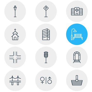 12 simgeler vektör Illustration. Düzenlenebilir paket yol işaret, semafor, tezgah ve diğer öğeleri.