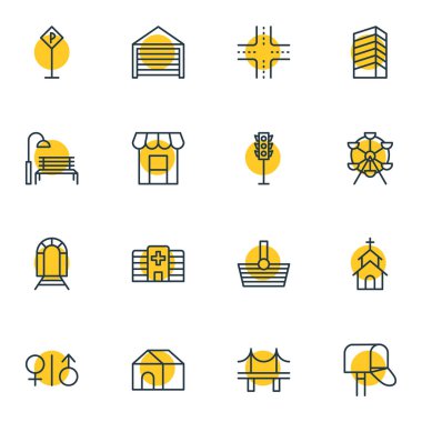 16 simgeler vektör Illustration. Golden Gate, Tente, kavşak ve diğer öğeleri düzenlenebilir paketi.