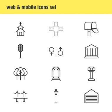 12 genel simgeler vektör Illustration. Elektrik direği, Golden Gate, Bina ve diğer öğeleri düzenlenebilir paketi.