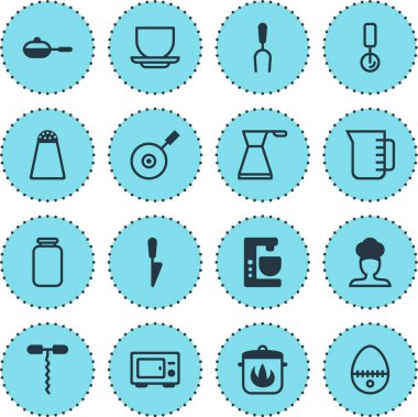 16 mutfak eşyaları simgeler vektör Illustration. Düzenlenebilir paket kahve fincanı, Barbekü aracı, su ısıtıcısı ve diğer öğeleri.