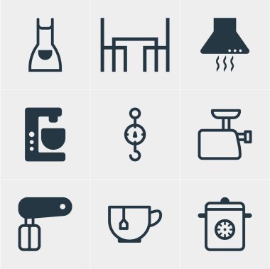 9 Restoran simgeler vektör Illustration. Aspiratör cihazı, Mikser, çırpma teli ve diğer öğeleri düzenlenebilir sürüsü.