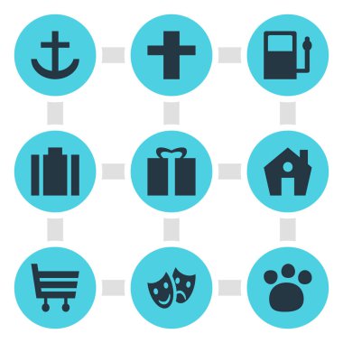 9 yer simgeler vektör Illustration. Düzenlenebilir paketi hediye, alışveriş sepeti, ev ve diğer öğeleri.