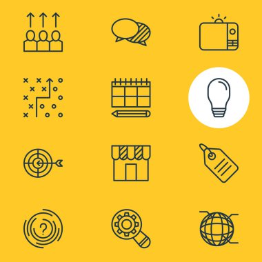 12 pazarlama simgeler vektör Illustration. Analiz, program, hedef ve diğer öğeleri düzenlenebilir sürüsü.