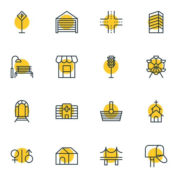 Illustrazione vettoriale di 16 icone. Pacchetto modificabile di Golden Gate, tenda, intersezione e altri elementi . — Vettoriale Stock