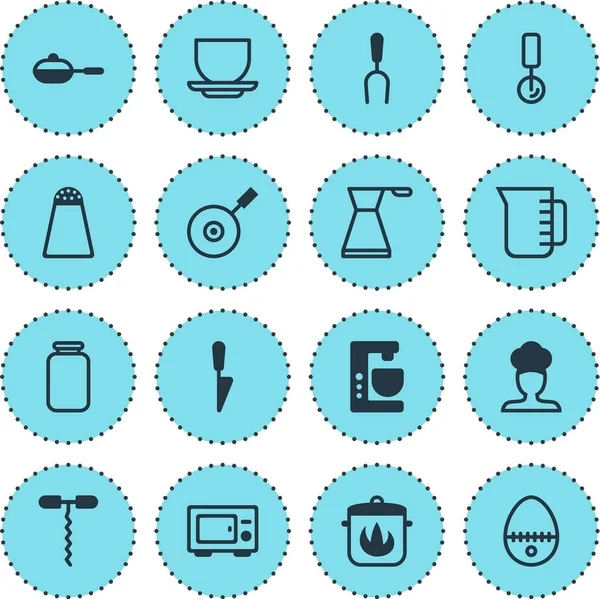 16 mutfak eşyaları simgeler vektör Illustration. Düzenlenebilir paket kahve fincanı, Barbekü aracı, su ısıtıcısı ve diğer öğeleri.