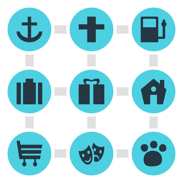 Vector Illustration Of 9 Location Icons. Editable Pack Of Present, Shopping Cart, Home And Other Elements.