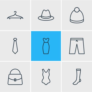 9 elbise simgeler vektör Illustration. Mayo, Sarafan, pon pon ve diğer öğeleri düzenlenebilir paketi.