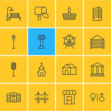 16 altyapı simgeler vektör Illustration. Adliye, semafor, Golden Gate ve diğer öğeleri düzenlenebilir paketi.
