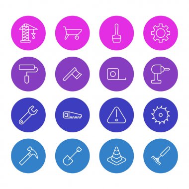 16 sanayi simgeler vektör Illustration. Ölçü birimi bant, demir testeresi, kürek ve diğer öğeleri düzenlenebilir sürüsü.