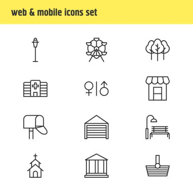 12 simgeler vektör Illustration. Elektrik direği, Bina, orman ve diğer öğeleri düzenlenebilir paketi.