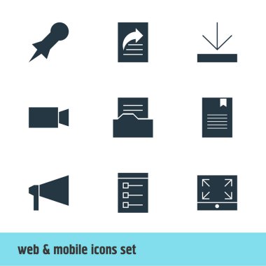 9 Online simgeler vektör Illustration. Ekranı Kapla, raptiye, Upload ve diğer öğeleri düzenlenebilir paketi.