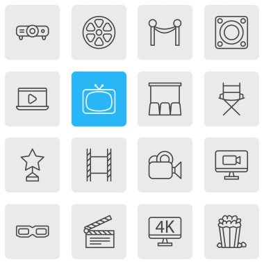16 sinema simgeler vektör Illustration. Gözlükler, film makaraları, aperatif ve diğer öğeleri düzenlenebilir sürüsü.