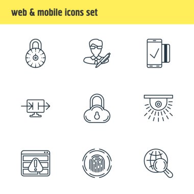 9 güvenlik simgeler vektör Illustration. Düzenlenebilir paket bilgi gönder, enterne dalga köpüğü, tarayıcı uyarı ve diğer öğeleri.