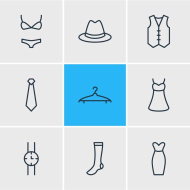 9 giyim simgeler vektör Illustration. Vestiyer, kravat, yelek ve diğer öğeleri düzenlenebilir paketi.