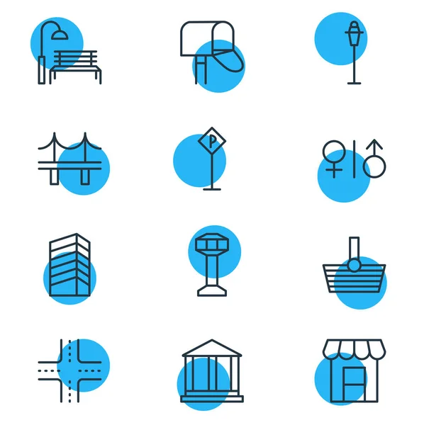 Vektorillustration av 12 ikoner. Redigerbara Pack bänk, tingshuset, lyktstolpe och andra element. — Stock vektor
