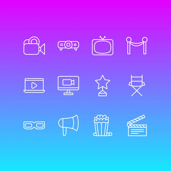 Illustrazione vettoriale di 12 icone del cinema. Pacchetto modificabile di occhiali, diapositive, monitor e altri elementi . — Vettoriale Stock