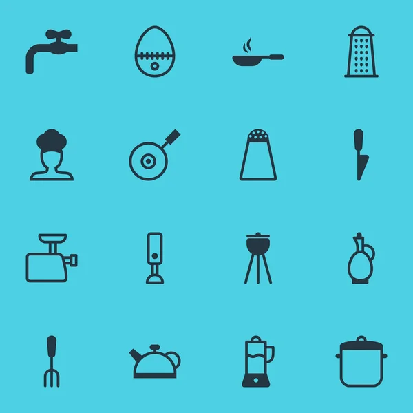 Ilustração vetorial de 16 ícones de utensílios de cozinha. Pacote editável de adaga de cozinha, picador, misturador e outros elementos . —  Vetores de Stock