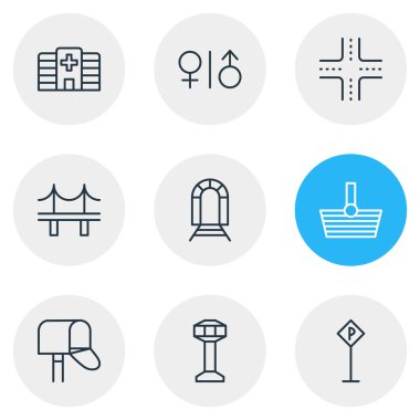 9 kentsel simgeler vektör Illustration. Tuvalet, Golden Gate, metro ve diğer öğeleri düzenlenebilir sürüsü.