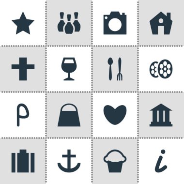 16 yerde simgeler vektör Illustration. Otopark, pasta, evrak ve diğer öğeleri düzenlenebilir sürüsü.