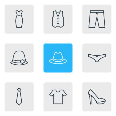 9 giysi simgeler vektör Illustration. Casual, külot, yüzme gövdeleri ve diğer öğeleri düzenlenebilir paketi.
