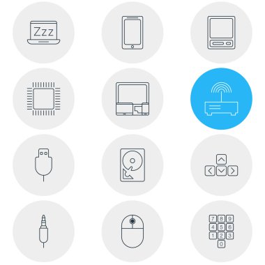 12 bilgisayar simgeler vektör Illustration. Becerikli alet, yönlendirici, dizüstü bilgisayar ve diğer öğeleri düzenlenebilir sürüsü.