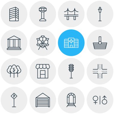 16 şehir simgeler vektör Illustration. Semafor, elektrik direği, Park ve diğer öğeleri düzenlenebilir paketi.