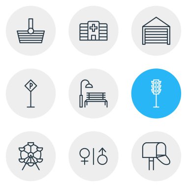 9 simgeler vektör Illustration. Sepet, dönme dolap, tuvalet ve diğer öğeleri düzenlenebilir paketi.