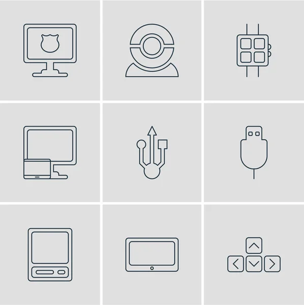 Ilustración vectorial de 9 iconos de cuaderno. Paquete editable de cámara web, tableta, autobús serie y otros elementos . — Vector de stock