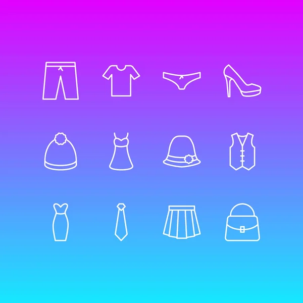Vektorillustration von 12 Bekleidungssymbolen. bearbeitbare Packung mit Abendkleid, Bommel, Sandalenelementen. — Stockvektor