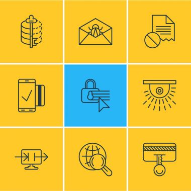 9 veri simgeler vektör Illustration. Düzenlenebilir paket bilgi gönder, gizlilik seçenekleri, Emanet anahtar ve diğer öğeleri.