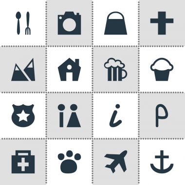 Check-In 16 simgeler vektör Illustration. Düzenlenebilir Pack Pet Shop, bira bardağı, uçak ve diğer öğeleri.