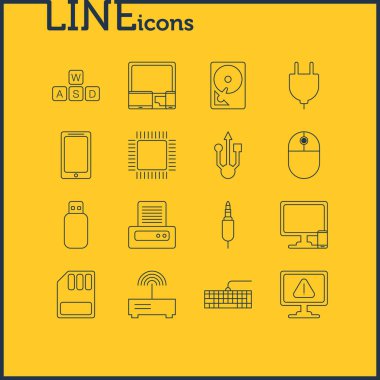 16 Notebook simgeler vektör Illustration. Usb simgesinin düzenlenebilir Pack giriş Jack, mikroişlemci ve başka öğeler.