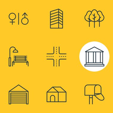 9 simgeler vektör Illustration. Tuvalet, gökdelen, tezgah ve diğer öğeleri düzenlenebilir paketi.