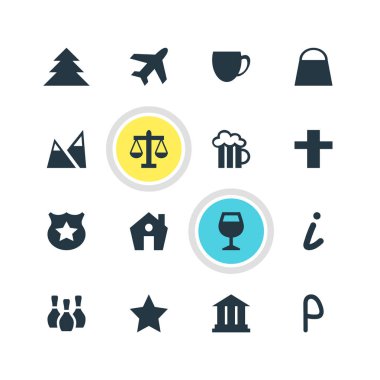 16 harita simgeler vektör Illustration. Düzenlenebilir Pack çanta, çapraz, Skittles öğeleri.